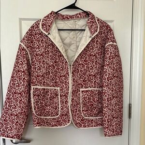 SHEIN Red and White Puffer Jacket with Floral Design